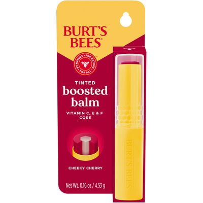 Burts Bees Tinted Boosted Balm, Cheeky Cherry, Hydrating Tinted Lip Balm with Vitamin C, E, and F Core, 24 Hour Lip Moisturizer with Responsibly Sourced Beeswax, 100 Natural Origin, 1 Count, 0.16oz
