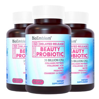BioEmblem Beauty Probiotics for Women, 35 Billion CFU 14 Strains with Biotin, Collagen, Prebiotics for Digestive Health, Hair Skin and Nails, Vaginal Probiotics Supplement, Shelf Stable, 90 Caps