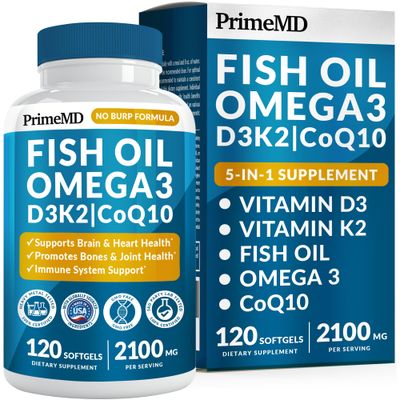 5-in-1 Fish Oil Omega 3 Fatty Supplements (2100mg) - Omega 3 Fish Oil with Vitamins D3 K2 and CoQ10 - Lemon Flavored (120 softgels)