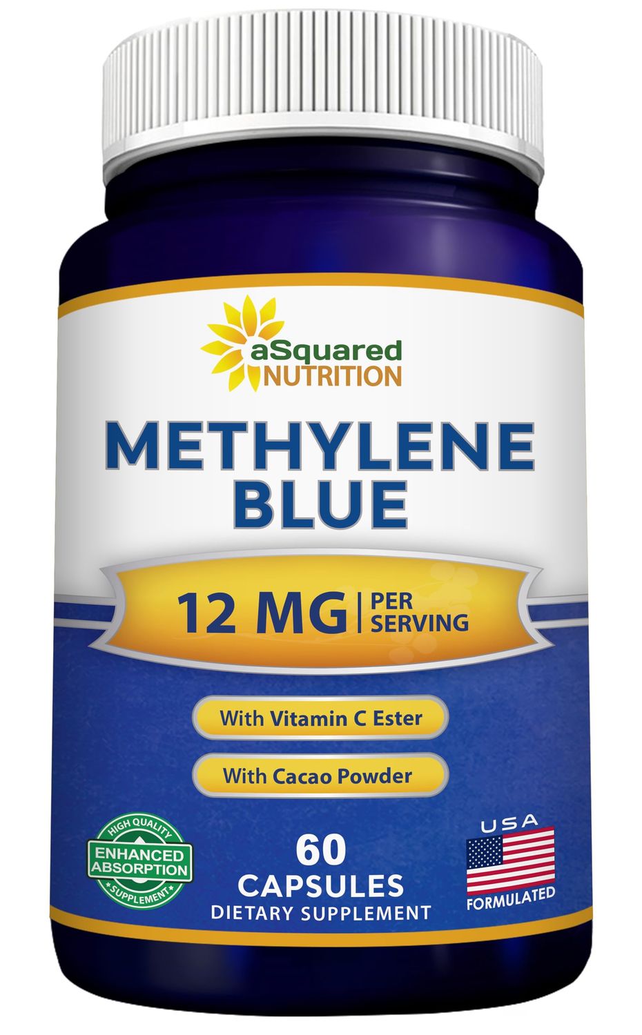 aSquared Nutrition Methylene Blue Capsules - Pharmaceutical Grade Supplement for Humans - 12mg USP Grade - w/Vitamin C &amp; Cacao Powder - Brain, Focus, Energy - Alternative to Drops &amp; Tablets