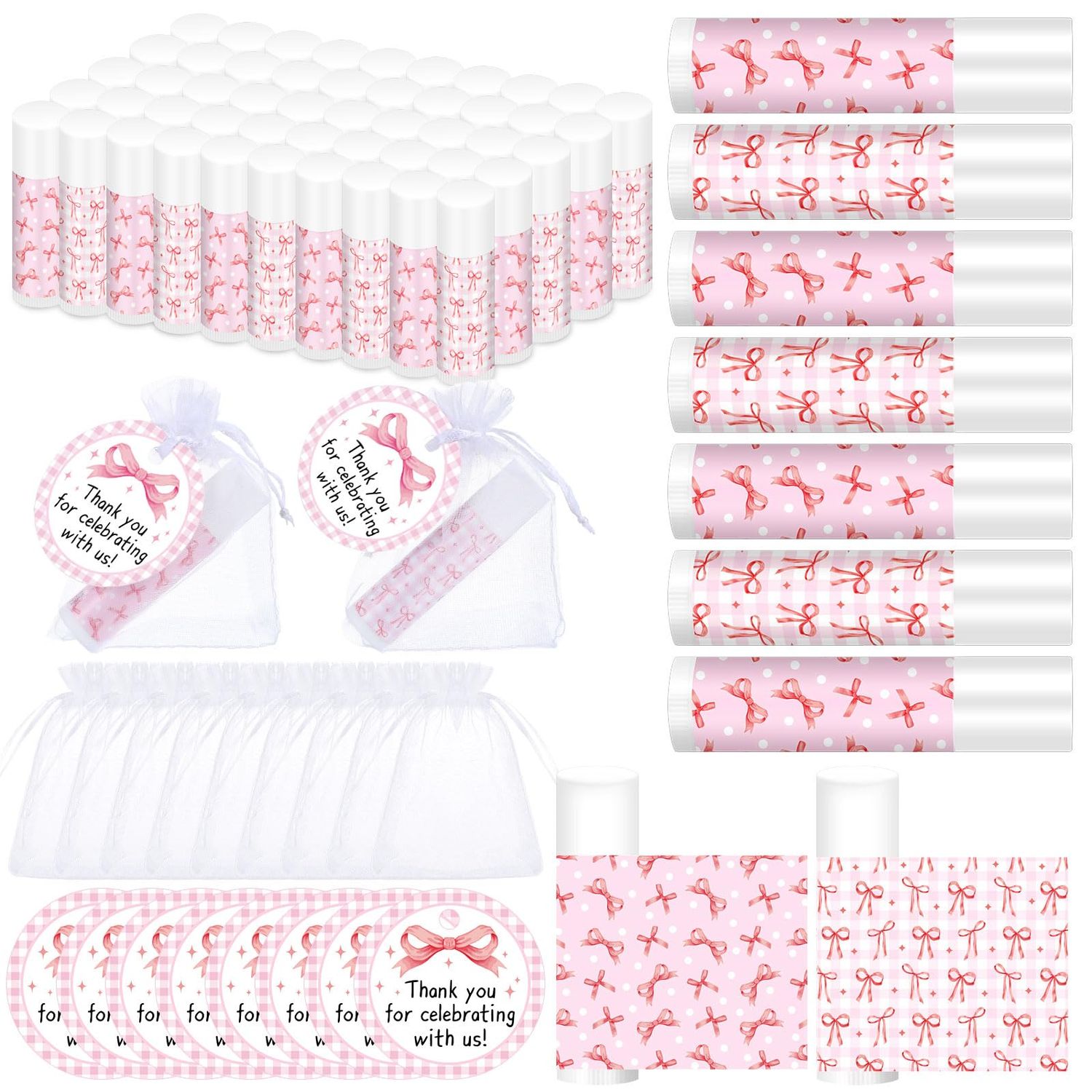 Swiffen 50 Sets Pink Bow Lip Balm Party Favors Coquette Bow Pink Baby Shower Favors for Guests Lip Balm with Bags Thanks Tags for Baby Shower Bridal Wedding Birthday Bachelorette Party Supplies