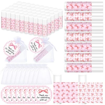Swiffen 50 Sets Pink Bow Lip Balm Party Favors Coquette Bow Pink Baby Shower Favors for Guests Lip Balm with Bags Thanks Tags for Baby Shower Bridal Wedding Birthday Bachelorette Party Supplies