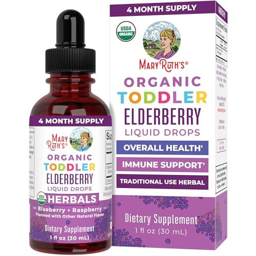 MaryRuth Organics Toddler Elderberry Syrup, USDA Organic Elderberry, Sugar Free Kids Immune Support Supplement for Ages 1-3 Years, Clean Label Project Verified, Vegan, Non-GMO, Gluten Free, 1 Fl Oz