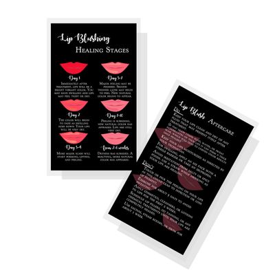 Lip Blush Stages of Healing &amp; Aftercare Instructions Cards | Package of 50 | Double Sided Size 2 x 3.5&quot; inches Business Card | Black with Red Lips Design