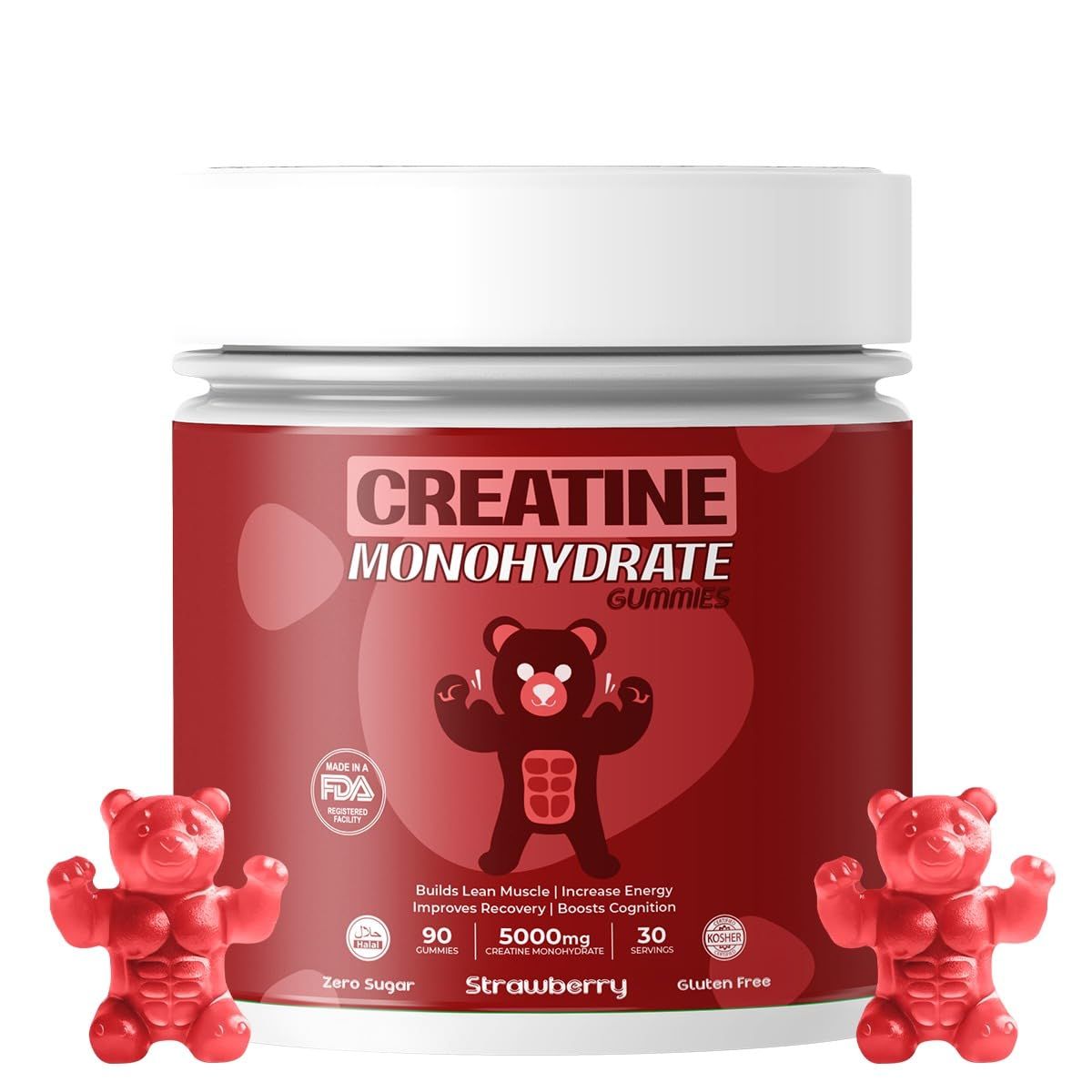 Creatine Monohydrate Gummies for Men &amp; Women | 5000mg of Creatine Gummies per Serving | Sugar Free Gummies, Gluten Free &amp; Halal | Pack of 90 Pre Workout Gummies for Muscle Recovery | Strawberry Flavor