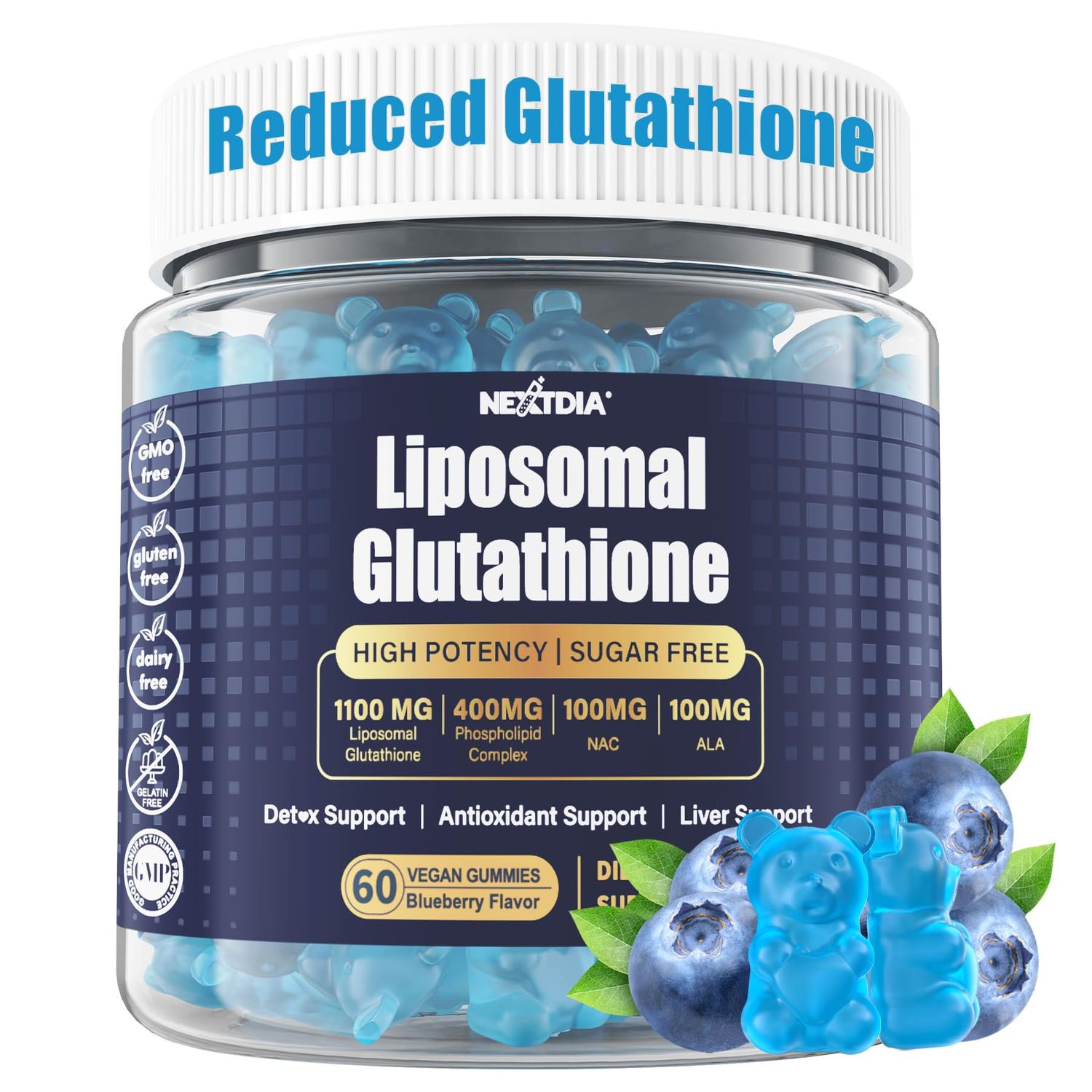 Liposomal Glutathione Gummies 1100mg Supplement(Made in USA), L-Glutathione Reduced with Vitamin C, Phospholipids, ALA, NAC &amp; Milk Thistle, Antioxidant for Anti-Aging, Immune &amp; Cleansing, Vegan, 60 ct
