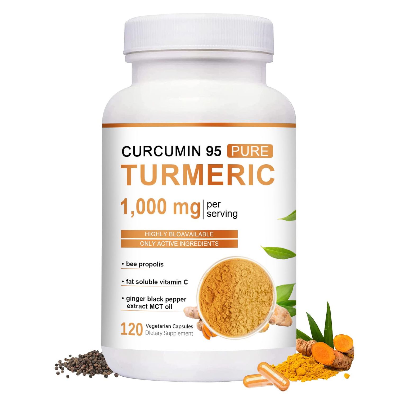 Turmeric Curcumin Supplement 1000mg, 95 Turmeric Complex Supplement with Black Pepper, and Ginger, Bee Propolis, for Better Absorption, Non-GMO, Gluten Free, 120 Count (1PC)