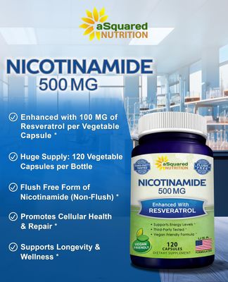 aSquared Nutrition Nicotinamide with Resveratrol - 120 Veggie Capsules - Vitamin B3 500mg (Niacinamide Flush Free) - Supplement Pills to Support NAD, Skin Cell Health & Energy
