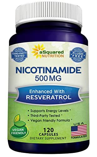 aSquared Nutrition Nicotinamide with Resveratrol - 120 Veggie Capsules - Vitamin B3 500mg (Niacinamide Flush Free) - Supplement Pills to Support NAD, Skin Cell Health &amp; Energy
