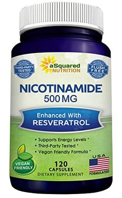 aSquared Nutrition Nicotinamide with Resveratrol - 120 Veggie Capsules - Vitamin B3 500mg (Niacinamide Flush Free) - Supplement Pills to Support NAD, Skin Cell Health &amp; Energy
