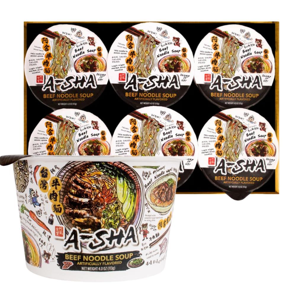 A-SHA Taiwanese Beef Noodle Soup (6 Bowls), Air-Dried Never Fried, Vegan, Plant-Based Protein, Microwavable Healthy Authentic Asian Ramen