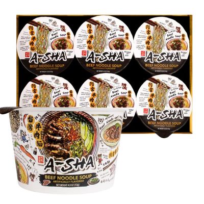 A-SHA Taiwanese Beef Noodle Soup (6 Bowls), Air-Dried Never Fried, Vegan, Plant-Based Protein, Microwavable Healthy Authentic Asian Ramen