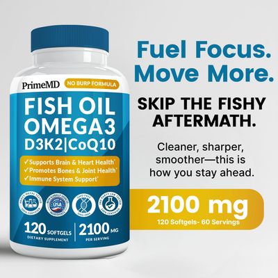 5-in-1 Fish Oil Omega 3 Fatty Supplements (2100mg) - Omega 3 Fish Oil with Vitamins D3 K2 and CoQ10 - Lemon Flavored (120 softgels)