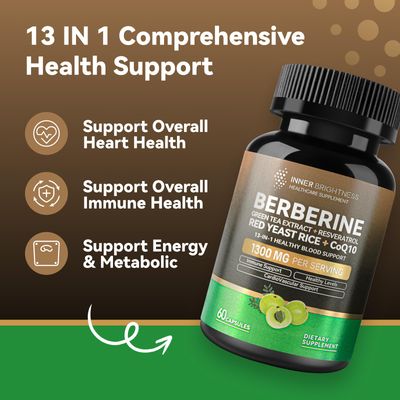 Berberine 1300mg with Green Tea Extract, Resveratrol, Red Yeast Rice &amp; CoQ10 - 13-in-1 Immune Health, Natural Metabolic Support - 60 Capsules - Non-GMO, Lab Tested
