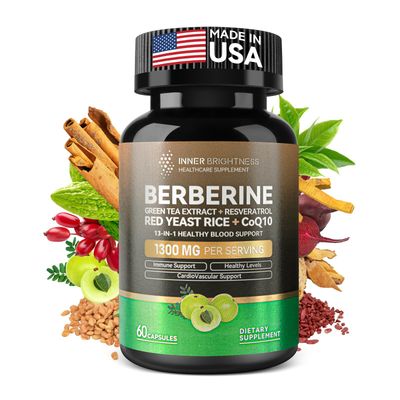 Berberine 1300mg with Green Tea Extract, Resveratrol, Red Yeast Rice &amp; CoQ10 - 13-in-1 Immune Health, Natural Metabolic Support - 60 Capsules - Non-GMO, Lab Tested