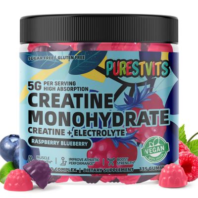PURESTVITS Creatine Monohydrate Gummies (5g) - Pre-Workout Energy &amp; Muscle Growth Support for Men &amp; Women | Blueberry Raspberry Electrolyte Gummies (135 Count)