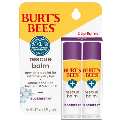 Burt&#39;s Bees Rescue Balm Elderberry Lip Balm, With Antioxidant-Rich Elderberry, Tint-Free, Natural Origin Lip Care, 2 Tubes, 0.15 oz.