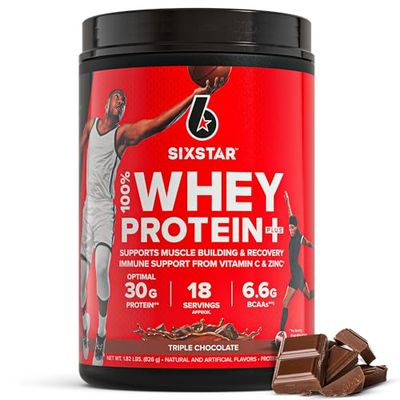 Six Star Whey Protein Powder Plus - Muscle Building &amp; Recovery Formula with Whey Isolate Powder, BCAAs, 30g Protein, Immune Support - Post-Workout Supplement - Triple Chocolate, 1.8 lbs