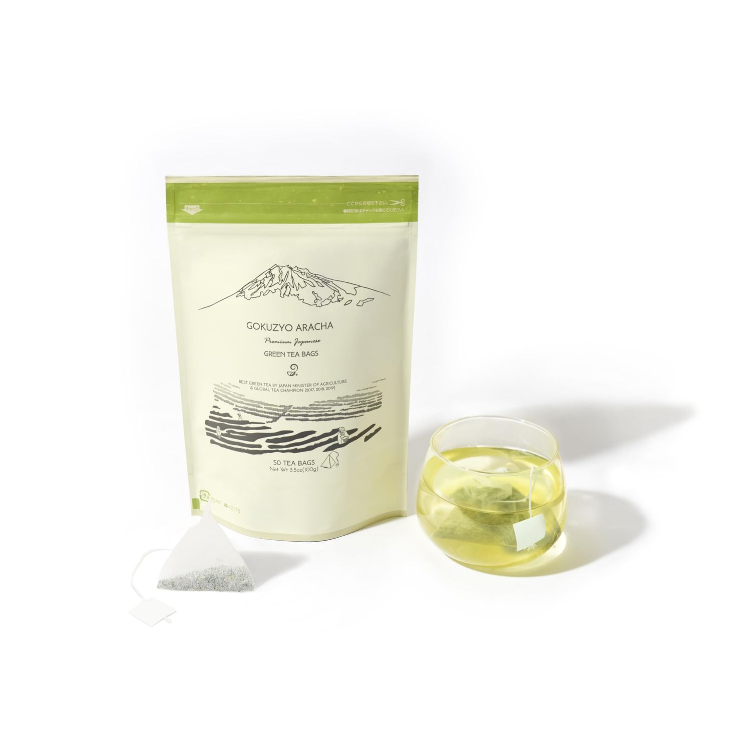 Japanese Green Tea Co. Aracha Gokuzyo Japanese Green Tea Bags (50 Pack) Biodegradable Soilon Pyramid Sachets, Premium Loose-Leaf Quality in Convenient Teabags, Rich Aroma &amp; Flavor, Hot &amp; Cold Brew
