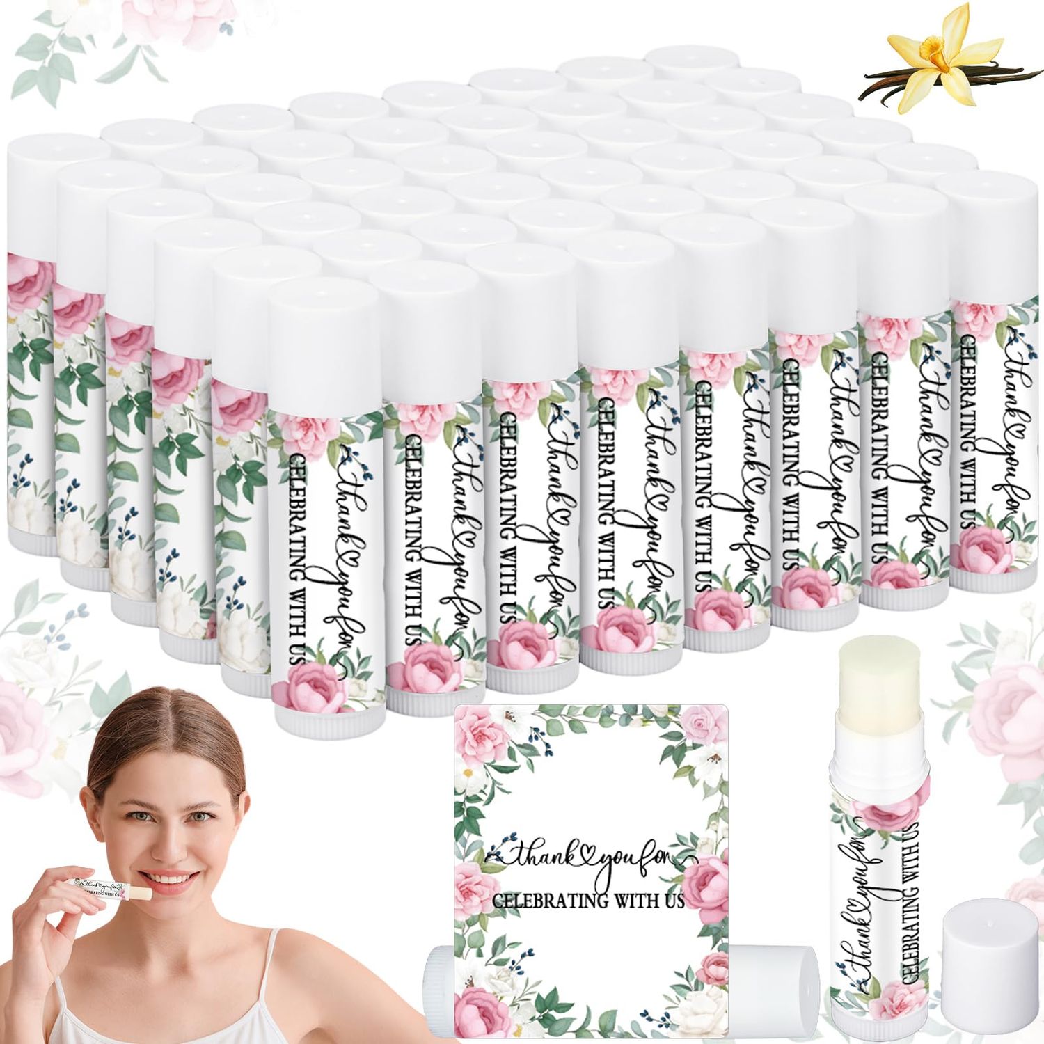 50 Pcs Pink Flowers Wedding Bridal Shower Gifts Bulk Floral Lip Balm Baby Shower Party Favors Thank You Appreciation Gifts for Women Tea Bachelorette Party