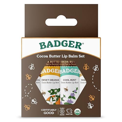 Badger Cocoa Butter Lip Balm Set, 100 Organic, Long Lasting Lip Moisturizers, Lip Care Variety Pack (Cocoa, Orange, Mint &amp; Vanilla), All Natural Lip Balms, 4-pack