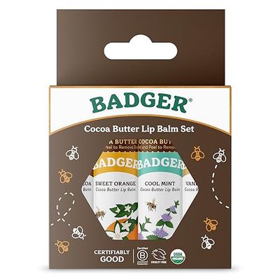 Badger Cocoa Butter Lip Balm Set, 100 Organic, Long Lasting Lip Moisturizers, Lip Care Variety Pack (Cocoa, Orange, Mint &amp; Vanilla), All Natural Lip Balms, 4-pack