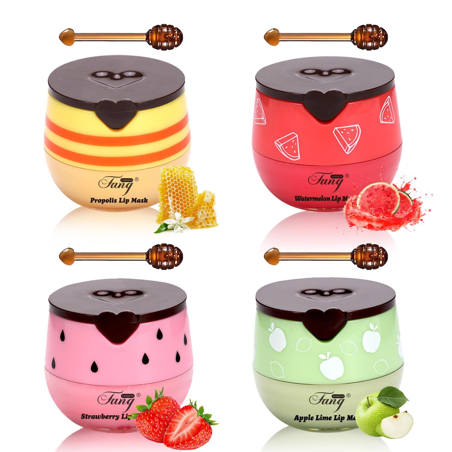 4 Pcs Bee Balm,Honey Strawberry Watermelon Bee Lip Balm Honey Pot,Moisturizing Lip Mask Overnight,Hydrate Repair Prevent Dry Cracked Lip Care (HoneyStrawberryWatermelonApple Lime)
