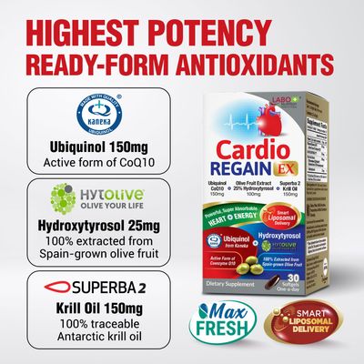 LABO Nutrition CardioREGAIN EX - Ubiquinol CoQ10 Supplement with Kaneka QH 150mg, Olive Fruit Extract (25 Hydroxytyrosol), Krill Oil - Heart, Cellular Energy, Liposomal Absorption, Non-GMO, Soy-Free