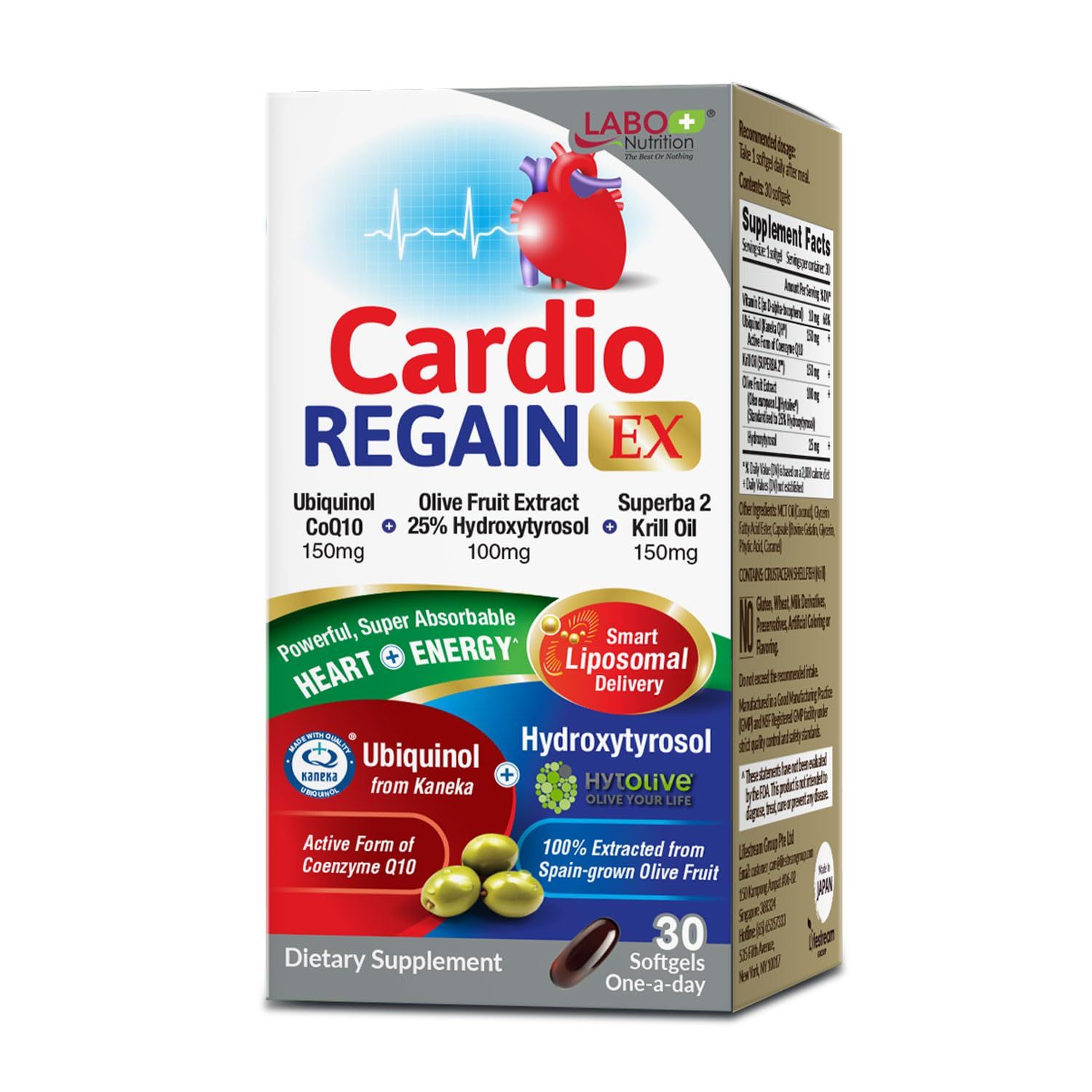 LABO Nutrition CardioREGAIN EX - Ubiquinol CoQ10 Supplement with Kaneka QH 150mg, Olive Fruit Extract (25 Hydroxytyrosol), Krill Oil - Heart, Cellular Energy, Liposomal Absorption, Non-GMO, Soy-Free