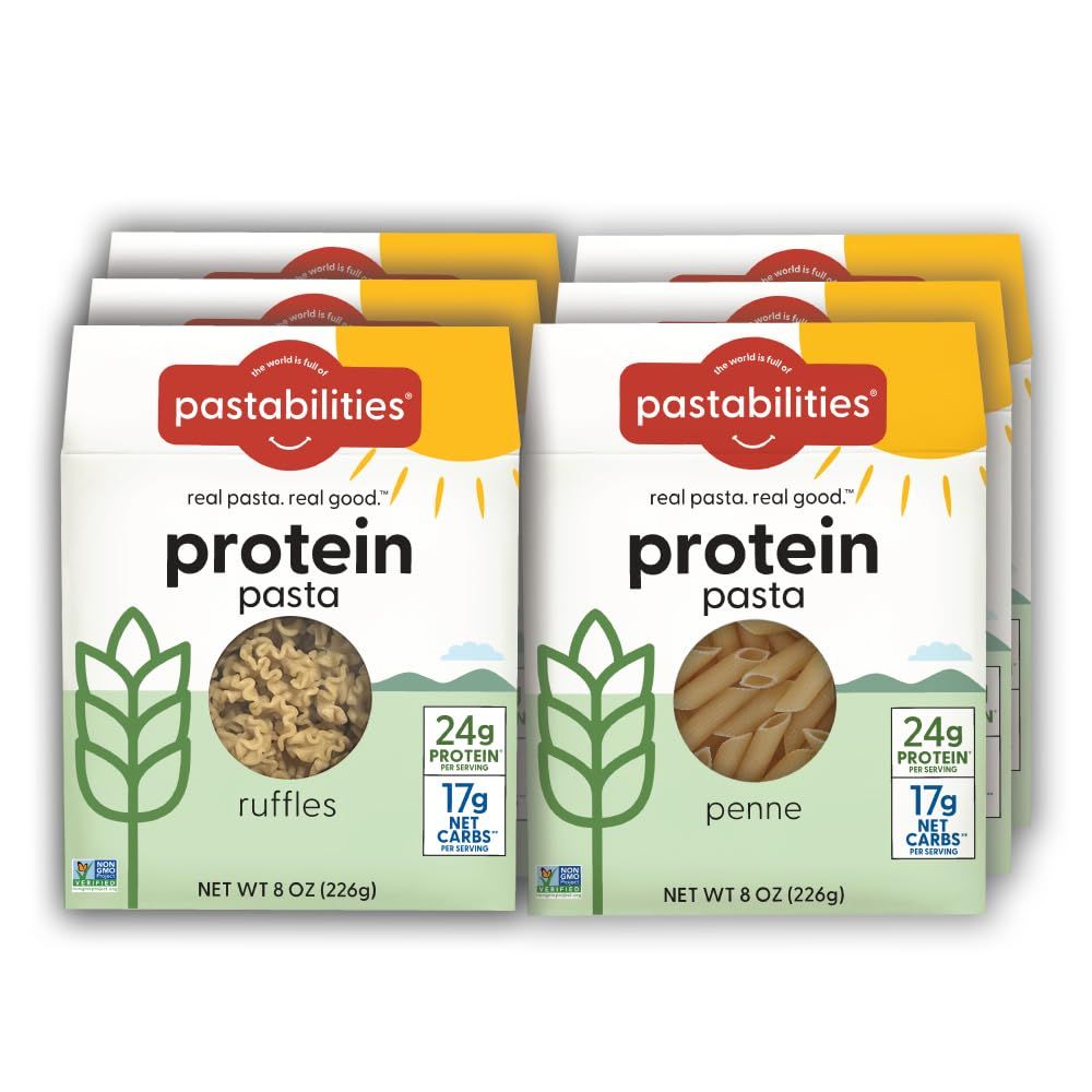 Pastabilities, Protein Pasta, Variety Pack (Penne &amp; Ruffles - 24g Protein &amp; Low Carb, 17g Net Carbs - High Protein, Delicious Taste &amp; Texture Non-GMO Plant-Based Pasta, Keto Friendly, Vegan (8 Ounc...