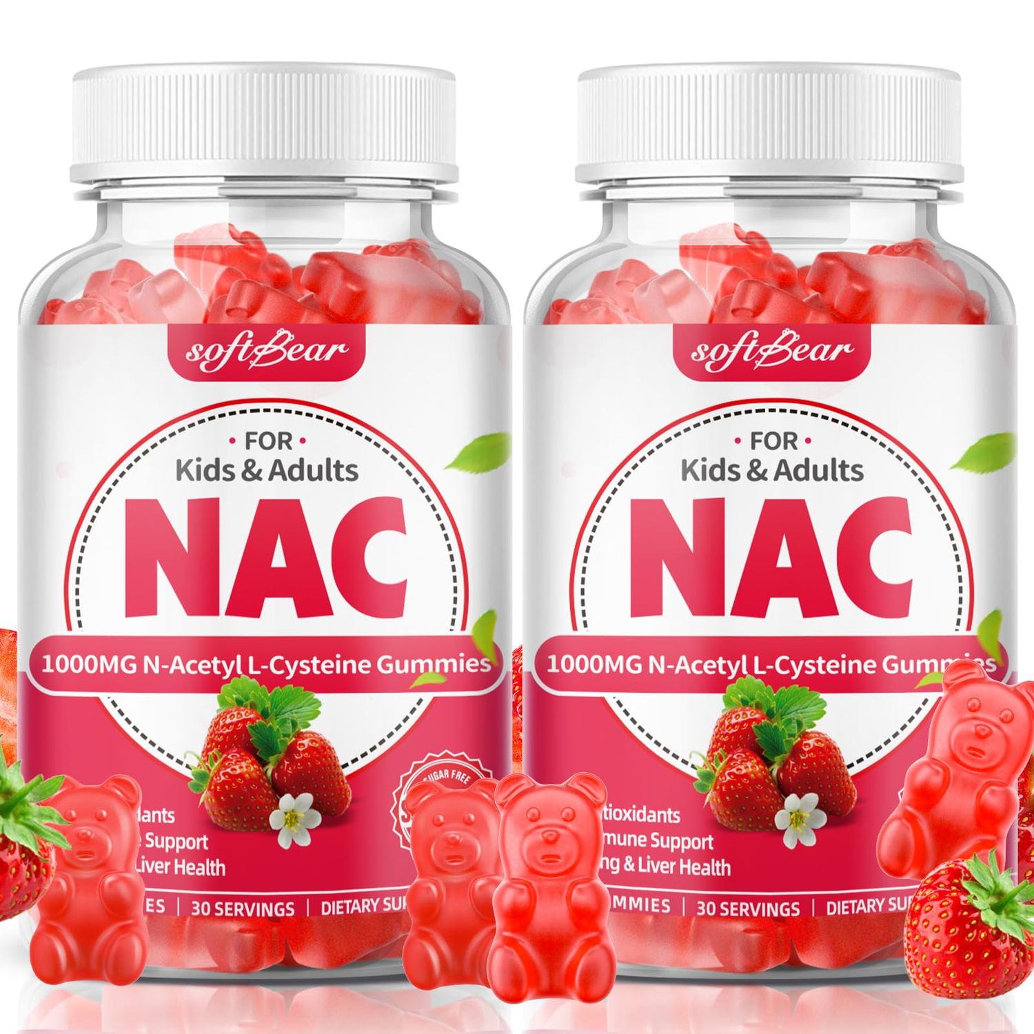 softbear 2 Pack NAC Gummies for Kids &amp; Adults, NAC Supplement 1000mg N Acetyl Cysteine Supports Lung &amp; Liver Health, Antioxidants &amp; Immune System, Strawberry Flavor 120 Count