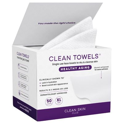 Clean Skin Club Clean Towels XL Healthy Aging, Smooths Fine Lines Wrinkles &amp; Texture In 6 Weeks, Glycerin Infused Disposable Face Towels, Anti Aging Ultra Soft Makeup Remover Dry Wipe (50 Ct, 1 Pack)