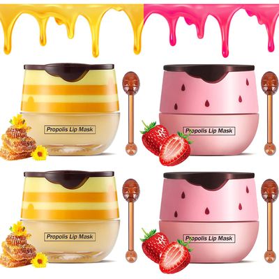 Charm Kiss,4PCS Bee Balm Lip Balm Honey Pot &amp; Strawberry Sleeping Lip Mask,Hydrating &amp; Prevention Dry,Winter Lip Care Products,2PCS Honey POT &amp; 2 PCS Strawberry Pot,30 items,4.0 Count