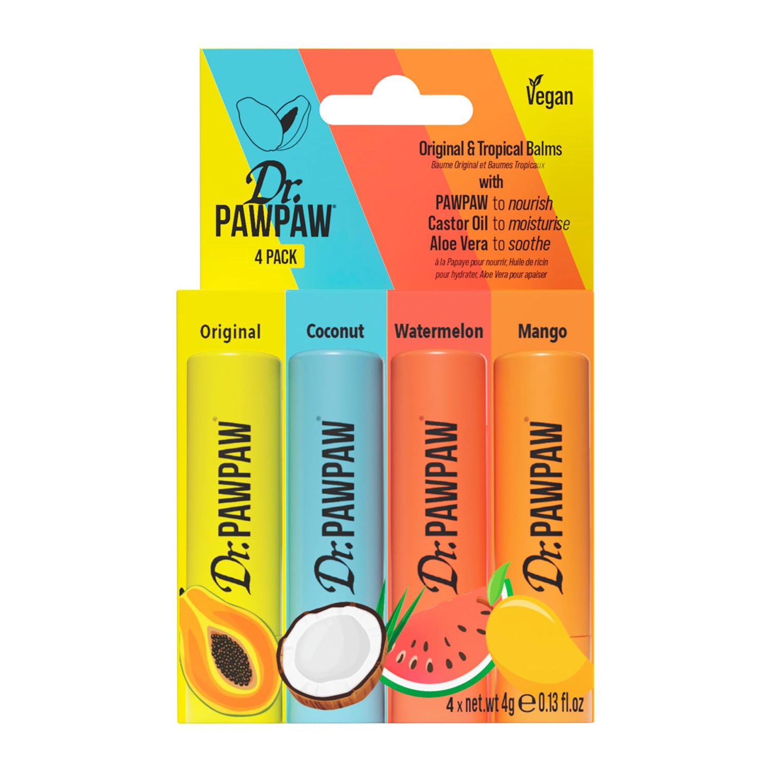 Dr. PawPaw Original and Tropical Balms - Hydrating Lip Balm Moisturizers with Aloe Vera for Deep Nourishment - Castor Oil Enriched - 4 pc