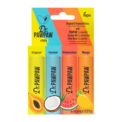 Dr. PawPaw Original and Tropical Balms - Hydrating Lip Balm Moisturizers with Aloe Vera for Deep Nourishment - Castor Oil Enriched - 4 pc