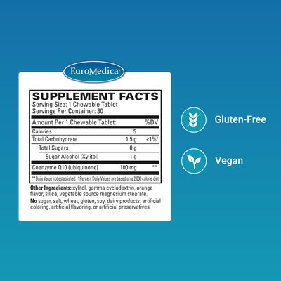 Euromedica CoQ10 100 mg - Cellular Energy Support Supplement - Higher Absorption CoQ10 Chewable Supplement - Nutritional Supplement to Aid Healthy Aging &amp; Brain Health - 30 Chewable Tablets