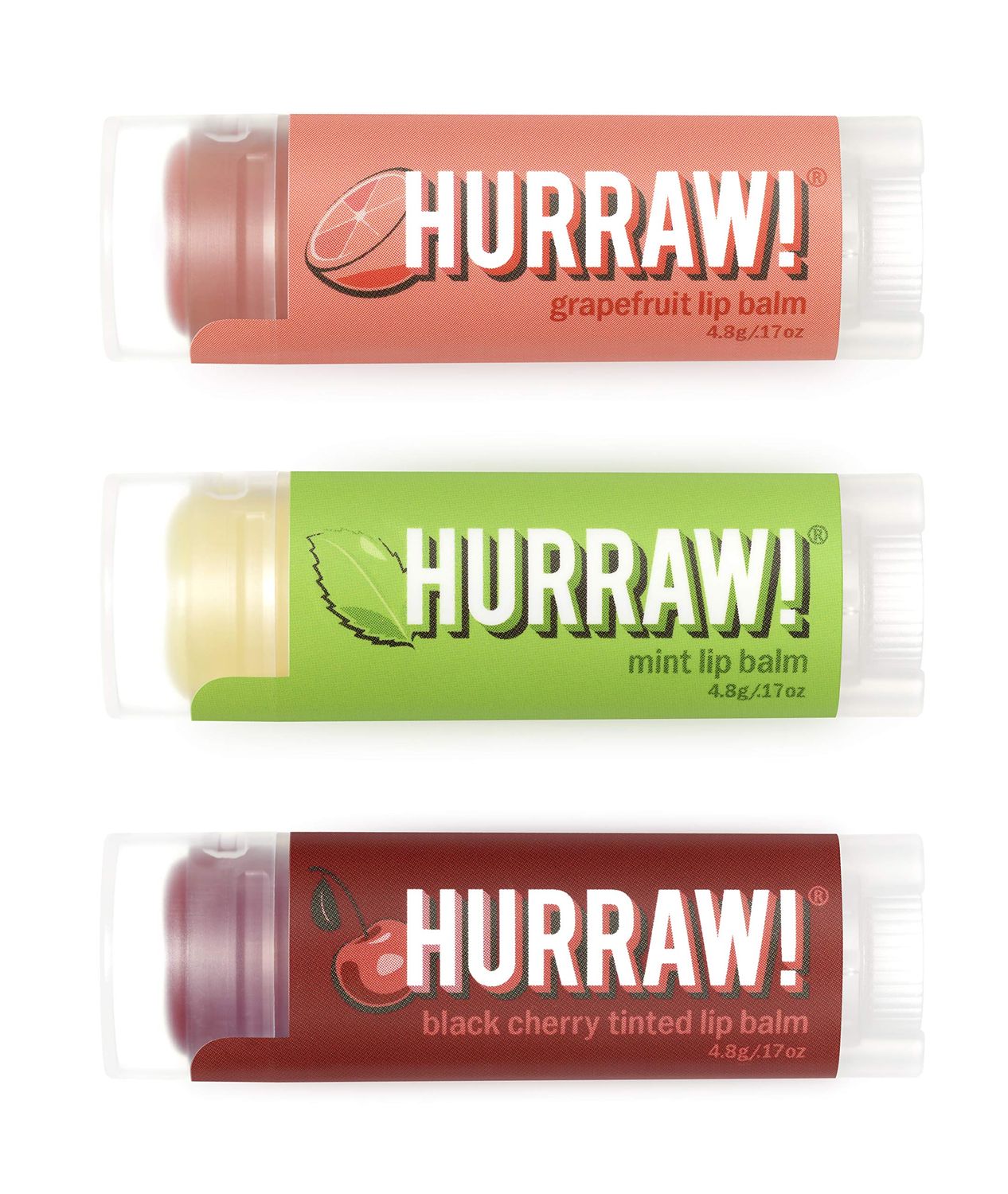 Hurraw! Grapefruit, Mint, Black Cherry Tinted Lip Balms, 3 Pack Bundle: Organic, Certified Vegan, Cruelty and Gluten Free. Non-GMO, 100 Natural. Bee, Shea, Soy &amp; Palm Free. Made in USA