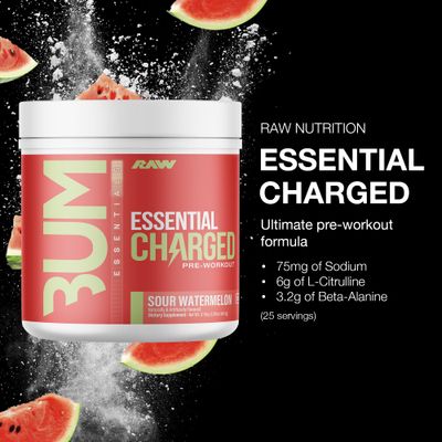 RAW Pre-Workout Powder, Essential CHARGED (Sour Watermelon) - Preworkout Supplement for Men &amp; Women - Supports Focus, Mood &amp; Performance - Caffeine, Alpha-GPC, L-Citrulline, Beta Alanine (25 Servings)