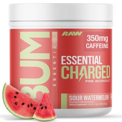 RAW Pre-Workout Powder, Essential CHARGED (Sour Watermelon) - Preworkout Supplement for Men &amp; Women - Supports Focus, Mood &amp; Performance - Caffeine, Alpha-GPC, L-Citrulline, Beta Alanine (25 Servings)