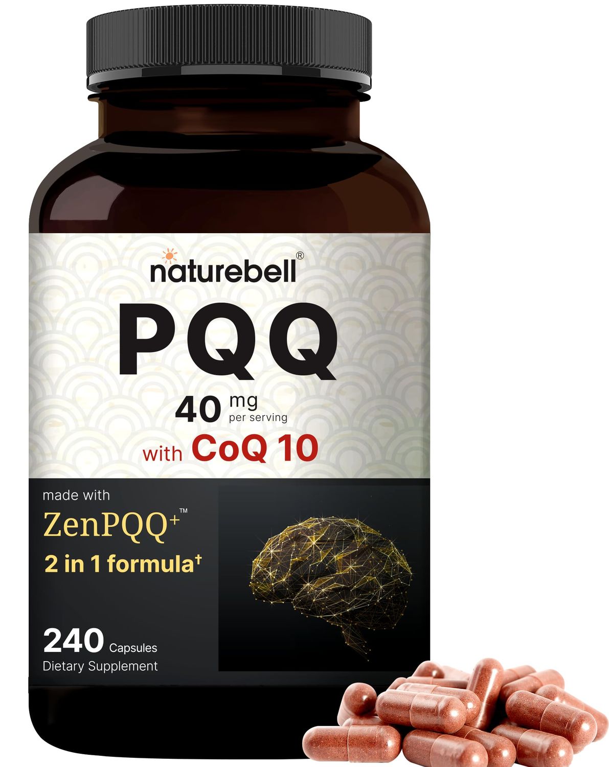 NatureBell PQQ 40mg Per Serving with CoQ10, 240 Capsules | Active Pyrroloquinoline Quinone, Highly Bioavailable ZenPQQ Formula - Promotes Heart, Brain, &amp; Mitochondrial Health - Non-GMO