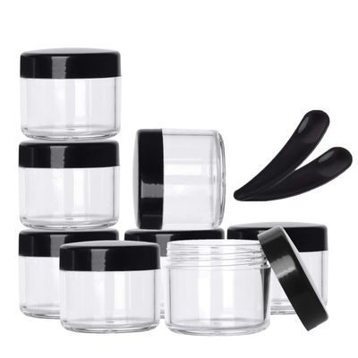 100 Pcs 20g Plastic Sample Cosmetic Containers with Lids and 10 Pcs Mini Makeup SpatulaRefillable Cosmetic Jars Lip Scrub Containers for Skincare - Black