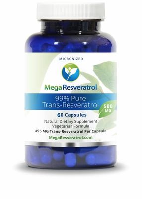 Mega Resveratrol, Pharmaceutical Grade,99 Pure, Isolate, Micronized Trans-Resveratrol, 60 Veggie Caps, 500mg per Capsule. Purity Certified. Absolutely NO Toxic inactive Ingredients Added.