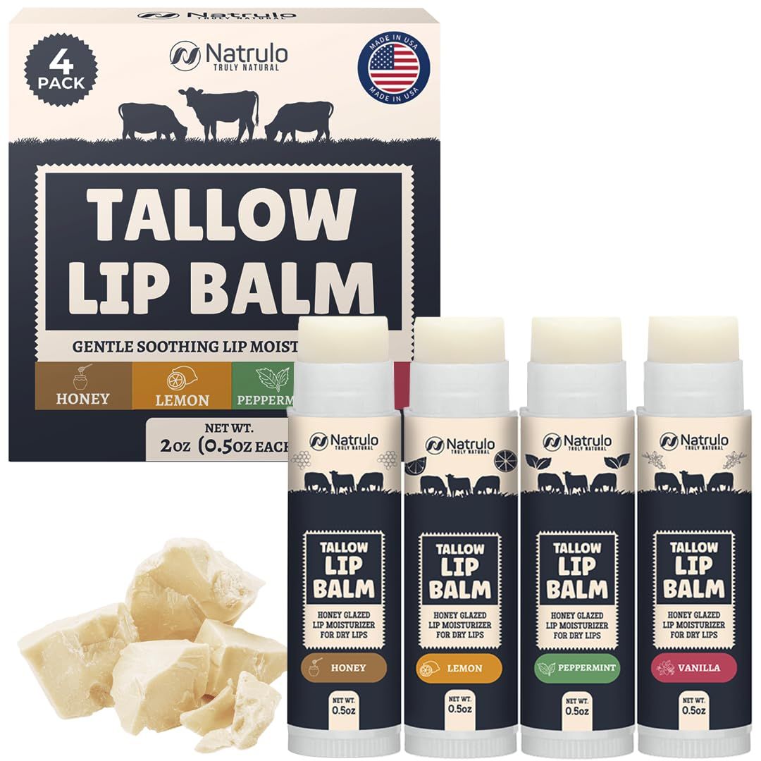 Beef Tallow Lip Balm - Natural Tallow Beeswax Chapstick - Hydrating Grass Fed Beef Tallow Honey Balm Lip Care - Soothes Chapped Dry Sensitive Lips - Long Lasting Vitamin Rich USA-Made Variety Pack