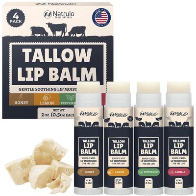 Beef Tallow Lip Balm - Natural Tallow Beeswax Chapstick - Hydrating Grass Fed Beef Tallow Honey Balm Lip Care - Soothes Chapped Dry Sensitive Lips - Long Lasting Vitamin Rich USA-Made Variety Pack
