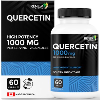 Renew Actives Quercetin 1000MG per 2 Capsules - Max Potency Natural Bioflavonoid for Antioxidant Protection - Neutralizes Free Radicals &amp; Supports Blood Vessel Health - Made in Canada - 60 Capsules