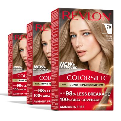 Revlon ColorSilk with Bond Repair Complex, Blonde Permanent Hair Color, 100 Gray Coverage, Ammonia Free Hair Dye, Vegan Keratin, 70 Medium Ash Blonde (Pack of 3)