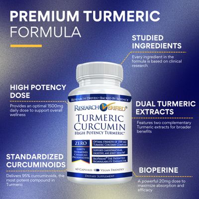 Research Verified Turmeric Curcumin - Lift Mood, Boost Antioxidant Levels, Protect Immune System - BioPerine - 60 Capsules - Made in The USA