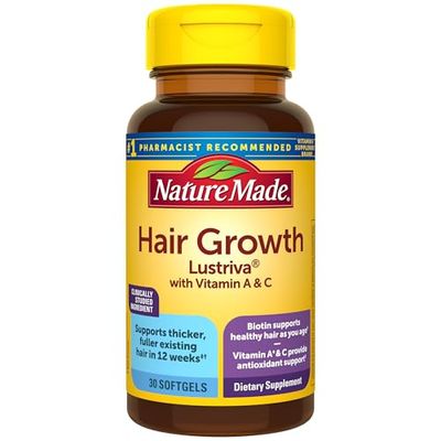 Nature Made Hair Growth Softgels with Lustriva, Biotin, Vitamin C &amp; A, Support Healthy Hair as You Age, 30 Softgels, 30 Day Supply