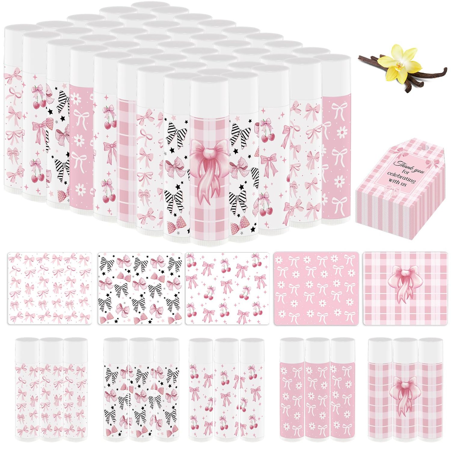 50 Pack Pink Bow Baby Shower Favors Bulk Lip Balm Girls Favors Gifts for Bachelorette Girls Pink Bow Moisturizing Lip Care Pretty lipstick Mother&#39;s Day Birthday Party Supplies Decorations(pink bow)
