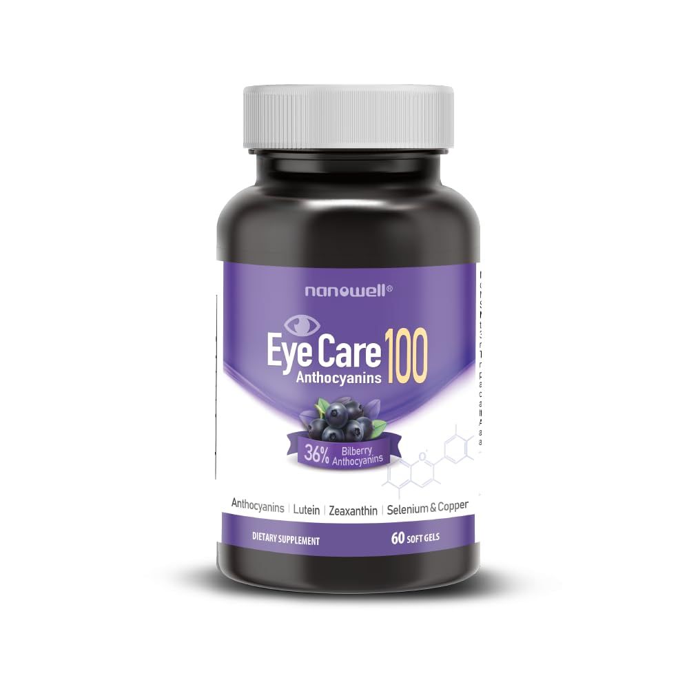 NANOWELL EyeCare Anthocyanins 100 - Eye Health Supplement with Bilberry, Zeaxanthin, Lutein, Anthocyanins, Vitamin A, E, Selenium &amp; Copper - 60 Softgels, 60 Day Supply